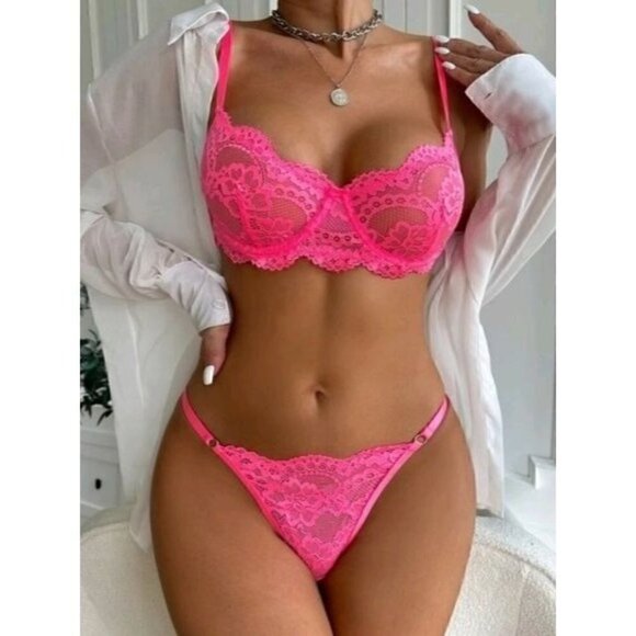 Pink Floral Lace Lingerie Set - Picture 1 of 6